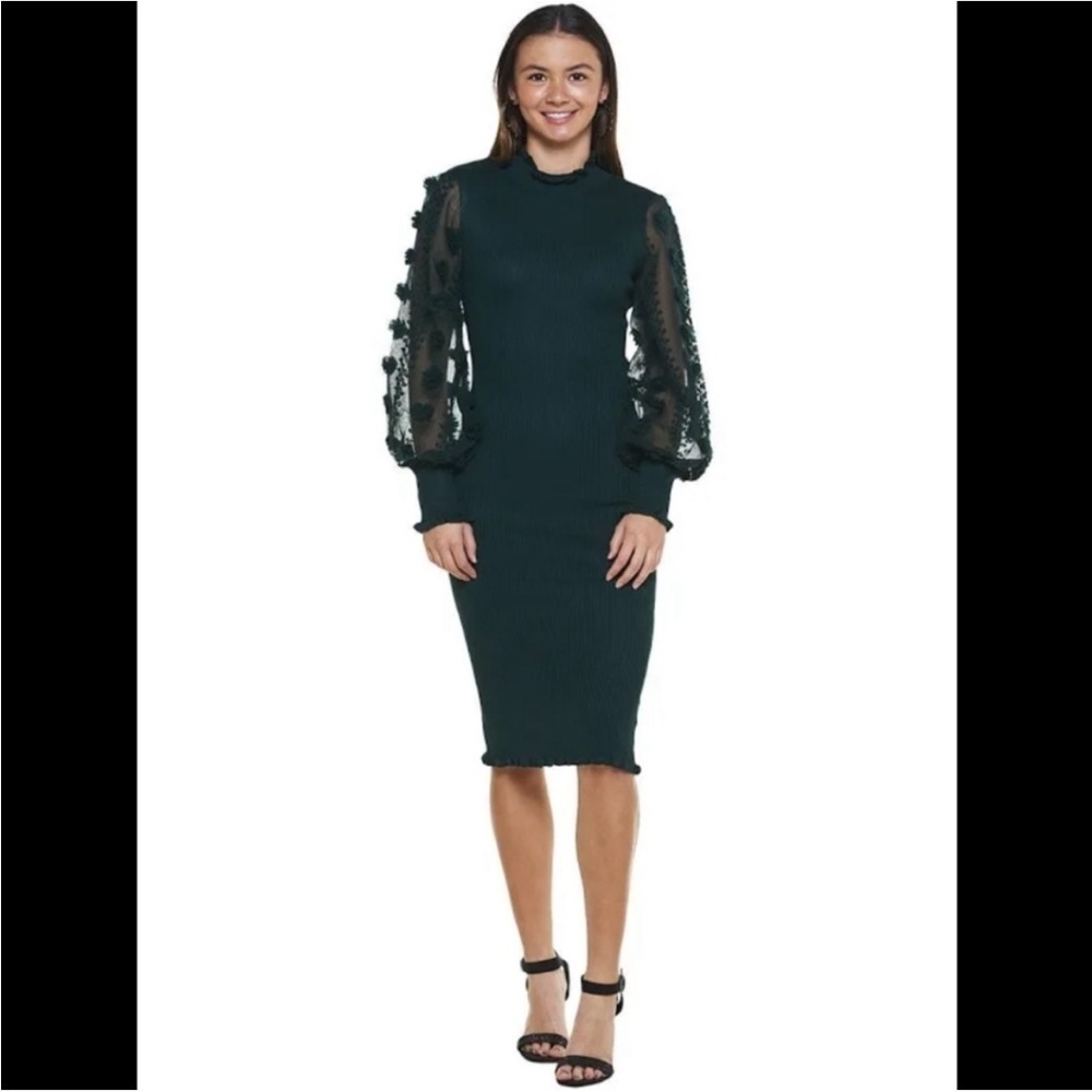 Almost Famous Black Stretch Knit Bodycon Dress Mock Neck Sheer Bishop Sleeves L